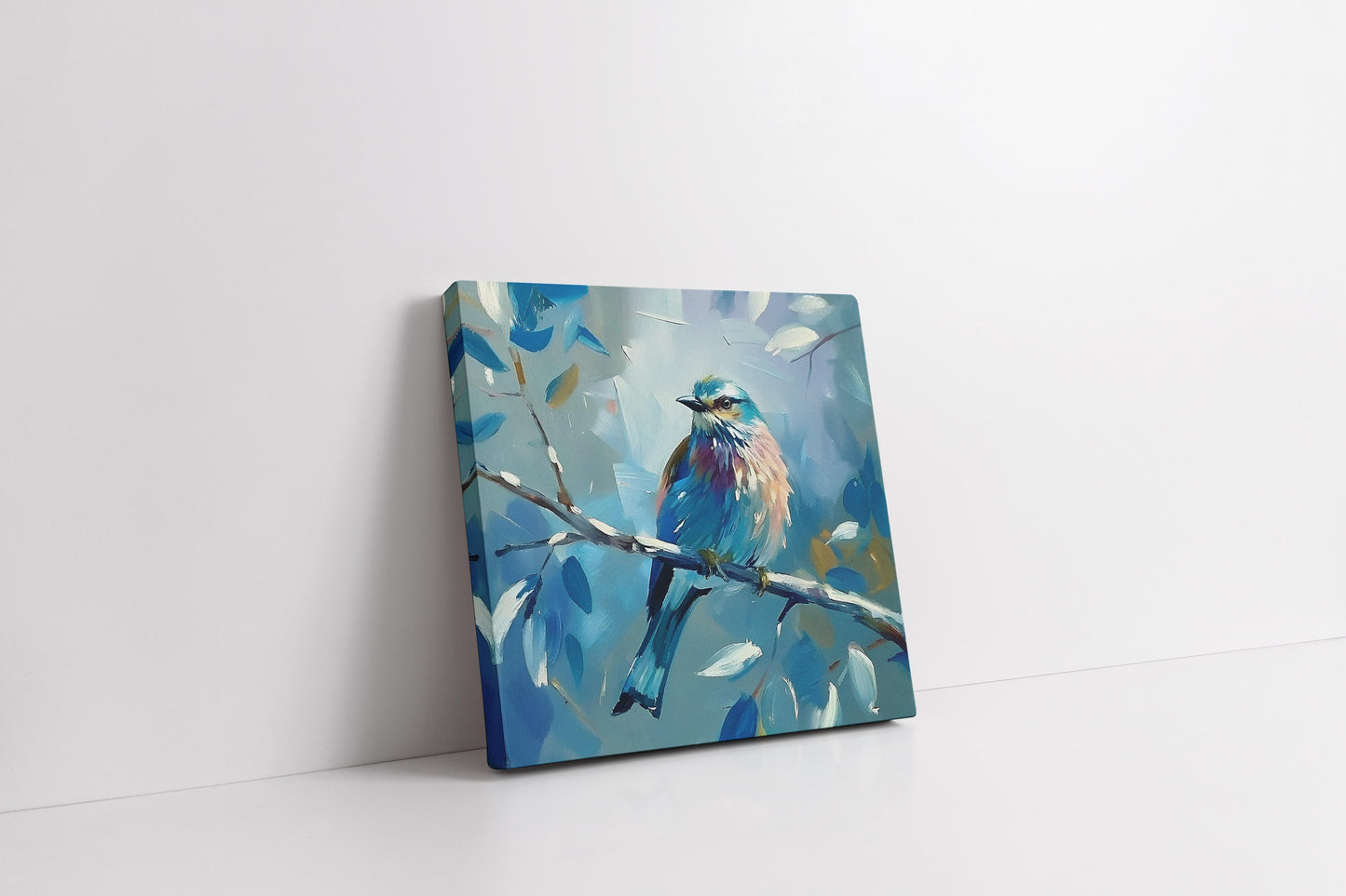 Vibrant Blue Roller Bird on Branch - Textured Impressionist Canvas Wall Art