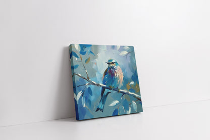 Vibrant Blue Roller Bird on Branch - Textured Impressionist Canvas Wall Art