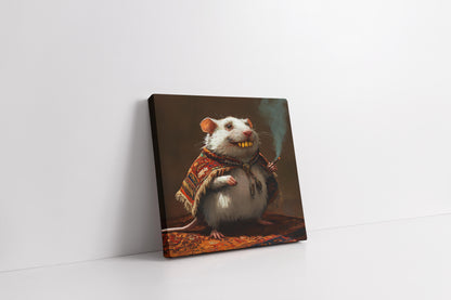 The Grand Vizier Mouse Canvas Art - Quirky White Rat Portrait in Ornate Robe - Whimsical Smoking Mouse Wall Decor