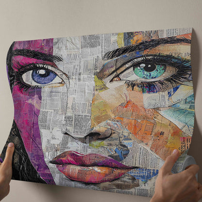 Vibrant Newspaper Collage Woman's Portrait Canvas Painting