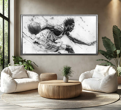 Dynamic Drive: Black & White Basketball Player Charcoal Canvas Art