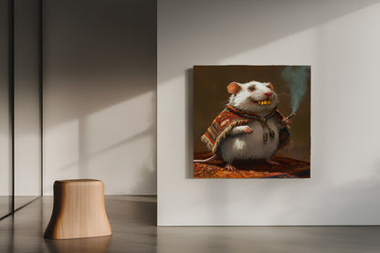 The Grand Vizier Mouse Canvas Art - Quirky White Rat Portrait in Ornate Robe - Whimsical Smoking Mouse Wall Decor