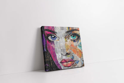 Vibrant Newspaper Collage Woman's Portrait Canvas Painting