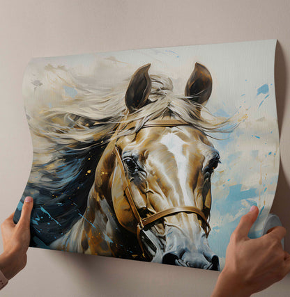Dynamic Elegance: Golden and Blue Abstract Horse Canvas Painting