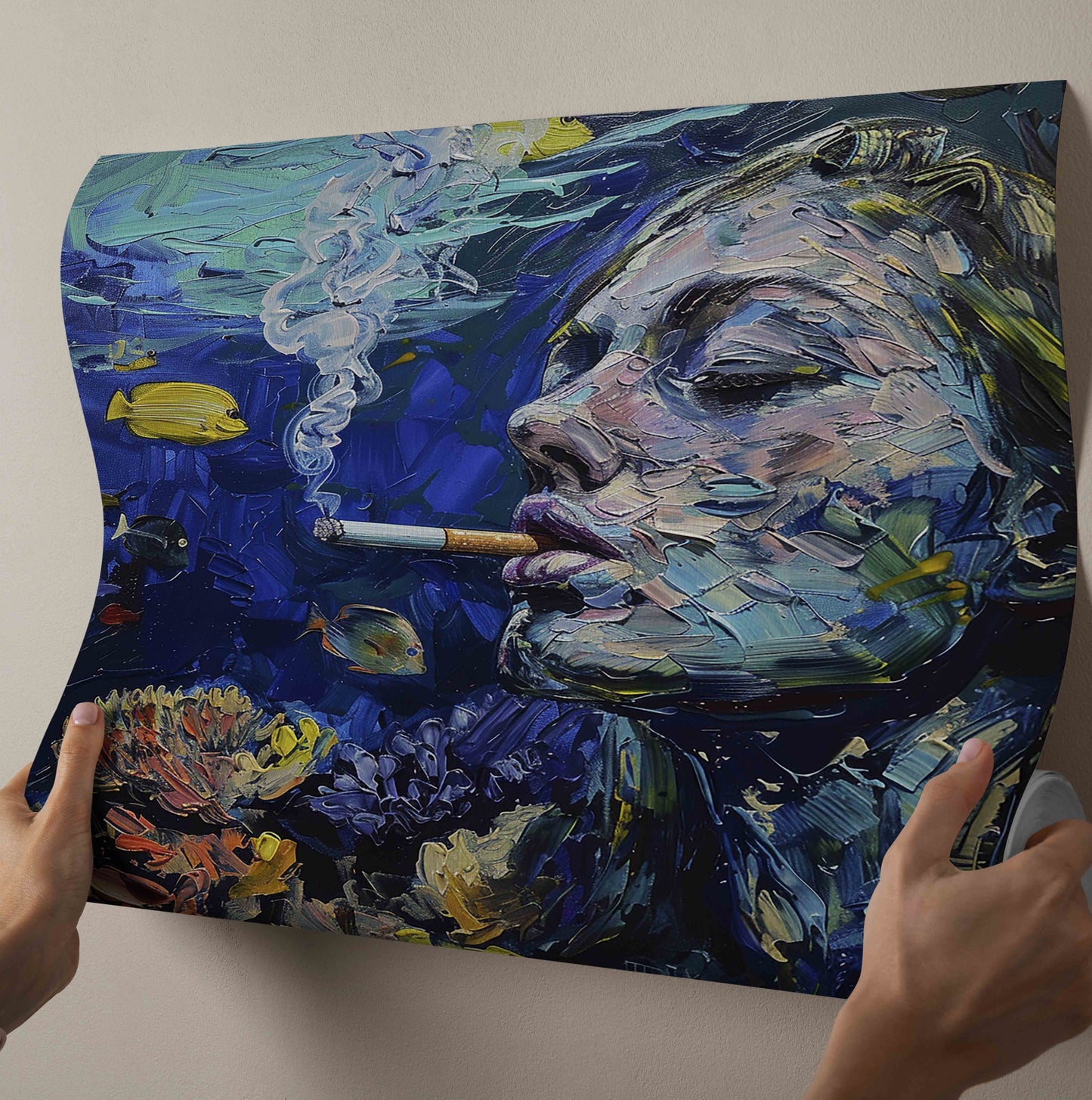 "Submerged Exhale": Surreal Underwater Smoker Impasto Canvas Painting