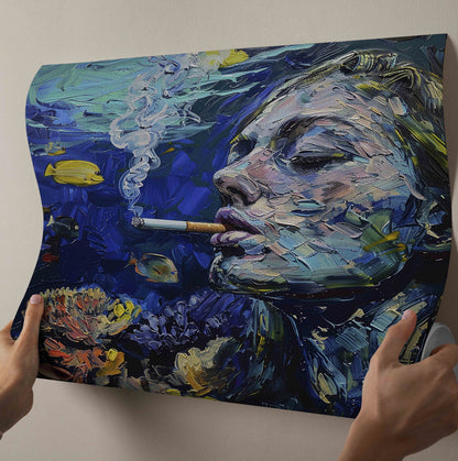 "Submerged Exhale": Surreal Underwater Smoker Impasto Canvas Painting