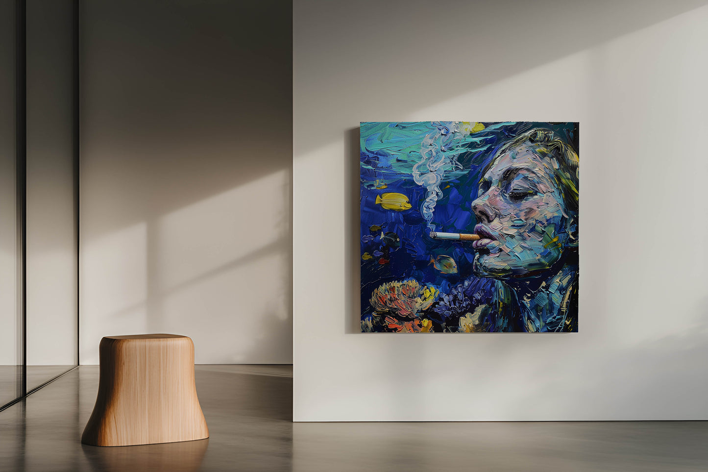 "Submerged Exhale": Surreal Underwater Smoker Impasto Canvas Painting