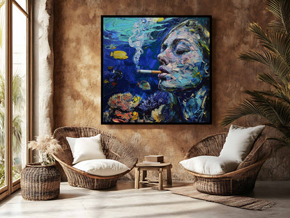 "Submerged Exhale": Surreal Underwater Smoker Impasto Canvas Painting