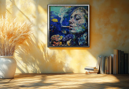 "Submerged Exhale": Surreal Underwater Smoker Impasto Canvas Painting