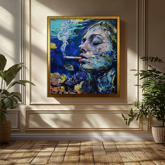 "Submerged Exhale": Surreal Underwater Smoker Impasto Canvas Painting