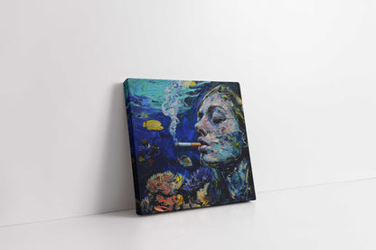 "Submerged Exhale": Surreal Underwater Smoker Impasto Canvas Painting