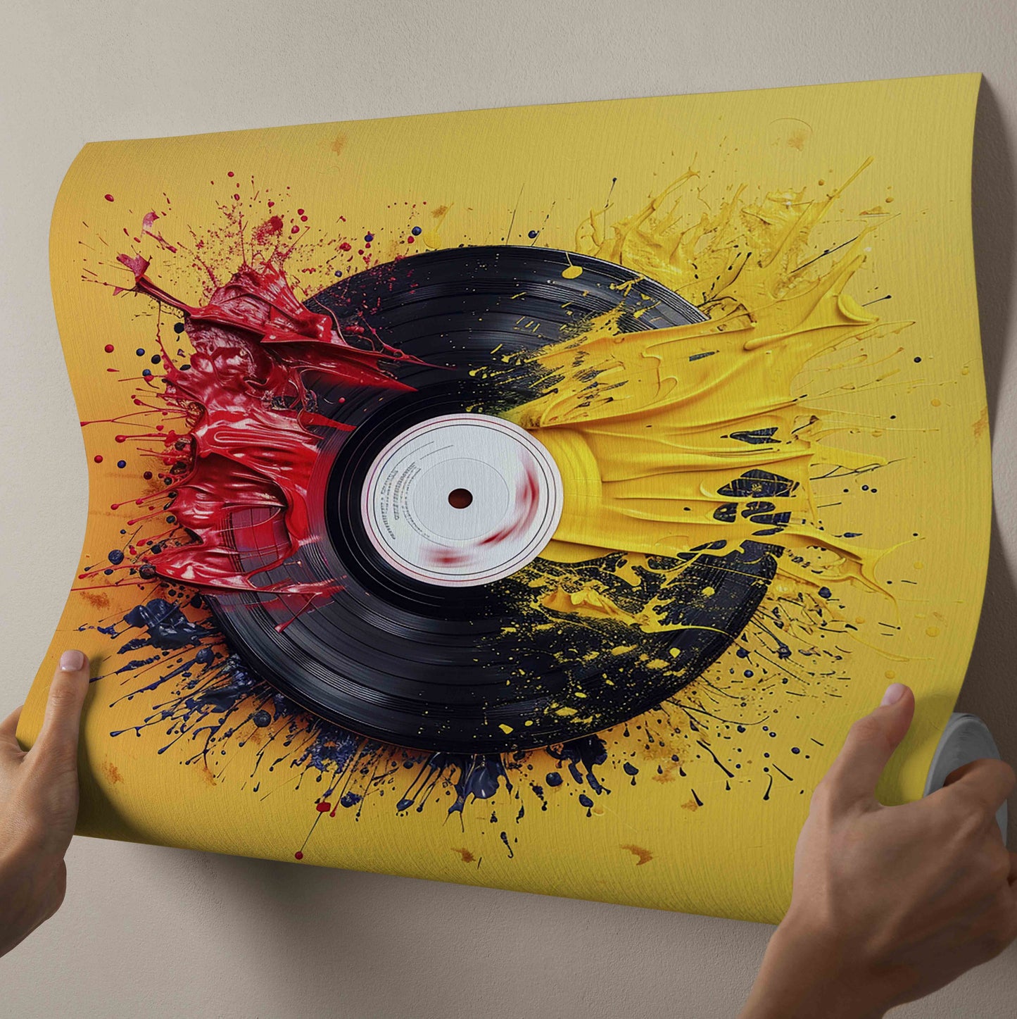 Vibrant Vinyl Record & Paint Splatter Canvas Art - Red, Yellow & Blue