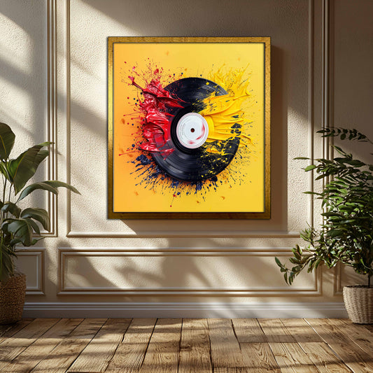 Vibrant Vinyl Record & Paint Splatter Canvas Art - Red, Yellow & Blue