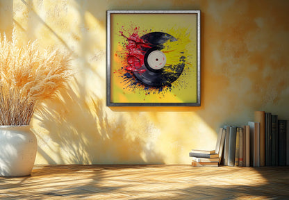 Vibrant Vinyl Record & Paint Splatter Canvas Art - Red, Yellow & Blue