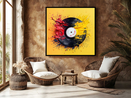 Vibrant Vinyl Record & Paint Splatter Canvas Art - Red, Yellow & Blue