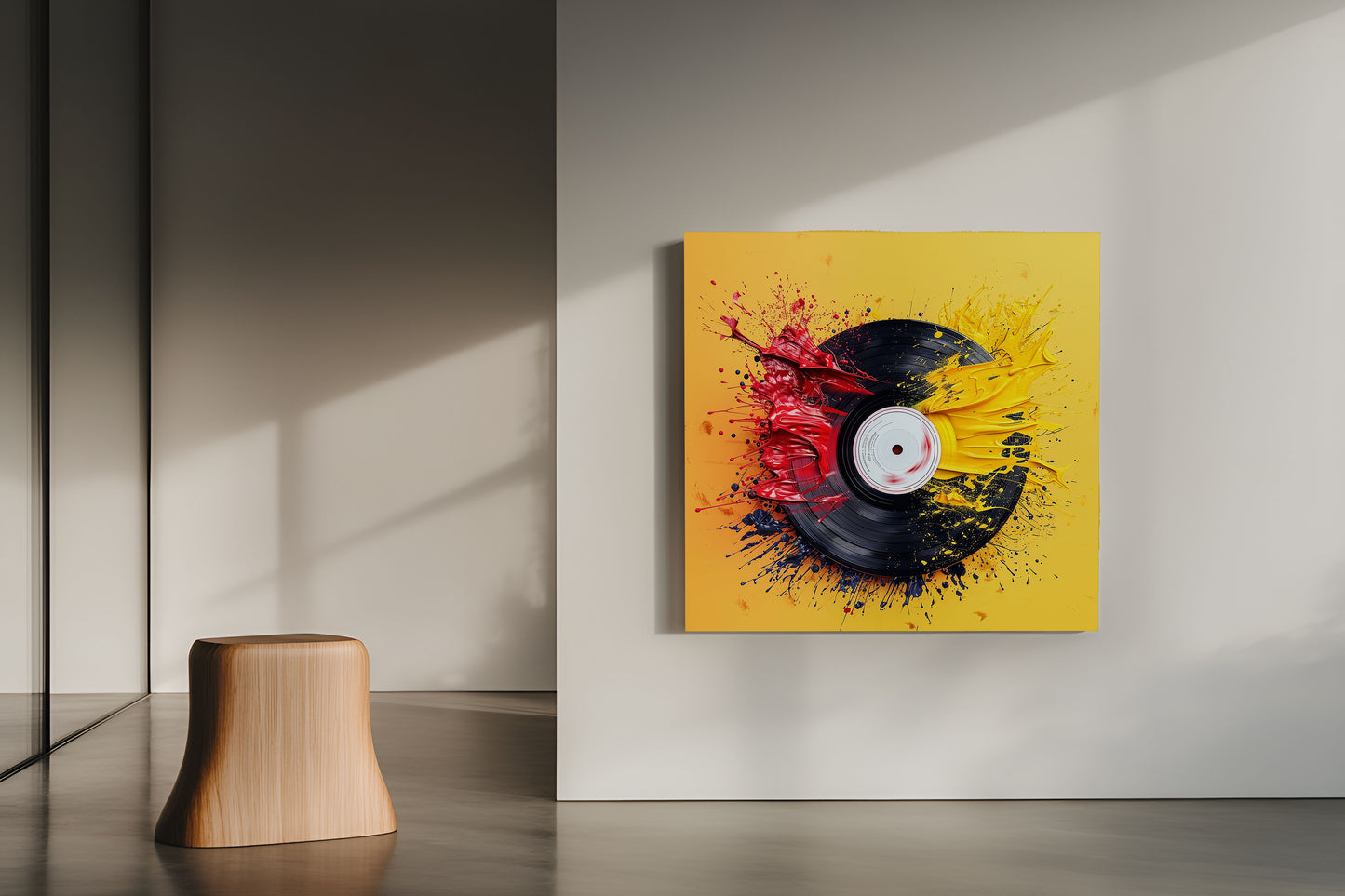 Vibrant Vinyl Record & Paint Splatter Canvas Art - Red, Yellow & Blue