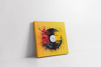 Vibrant Vinyl Record & Paint Splatter Canvas Art - Red, Yellow & Blue