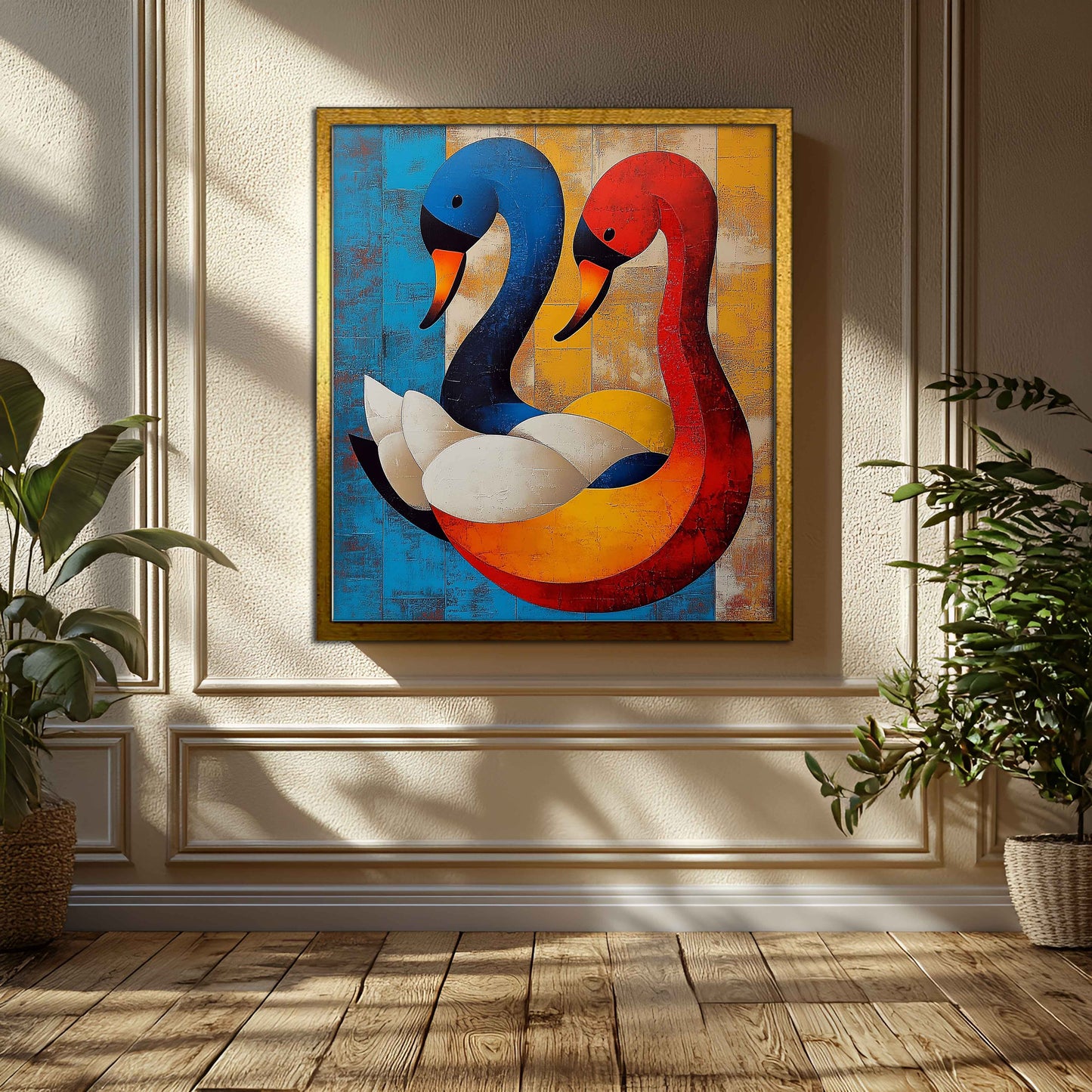 Abstract Geometric Swans Art Print - Modern Colorful Wall Decor