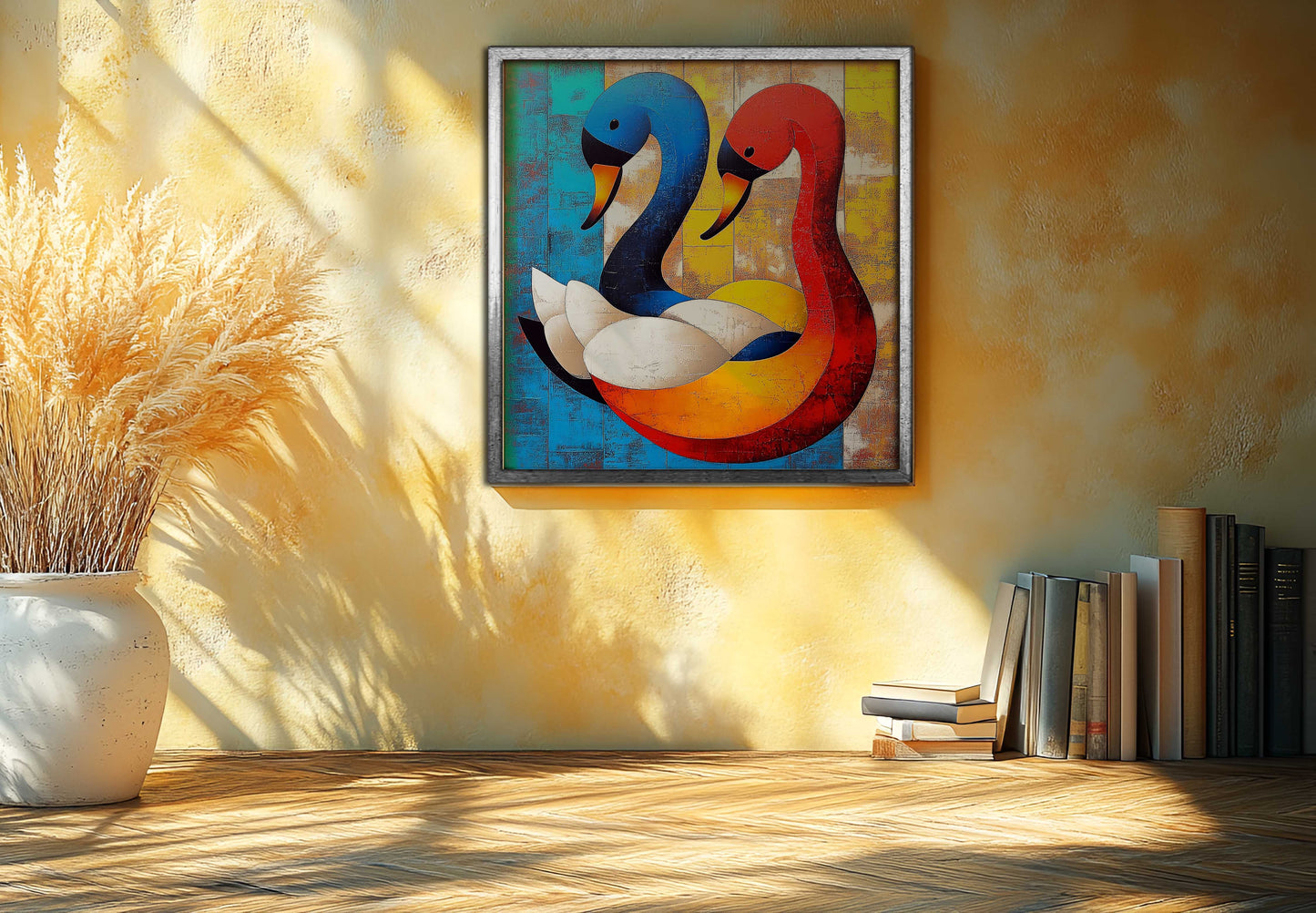 Abstract Geometric Swans Art Print - Modern Colorful Wall Decor