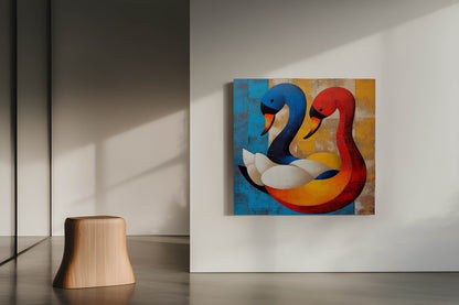 Abstract Geometric Swans Art Print - Modern Colorful Wall Decor