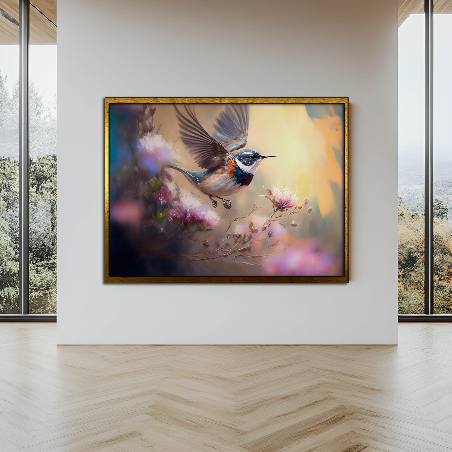 Dreamy Bird in Flight with Blossoms – Canvas Wall Art Print
