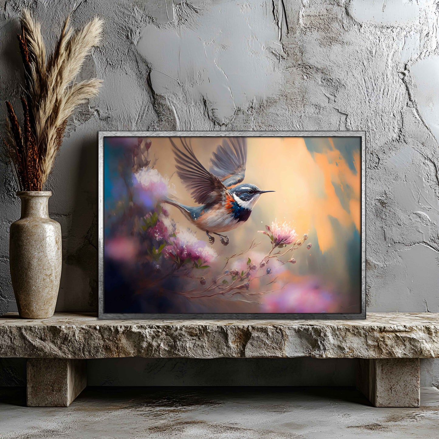 Dreamy Bird in Flight with Blossoms – Canvas Wall Art Print