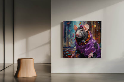 The Royal Reveler: Whimsical Rat in Purple Robe Canvas Art