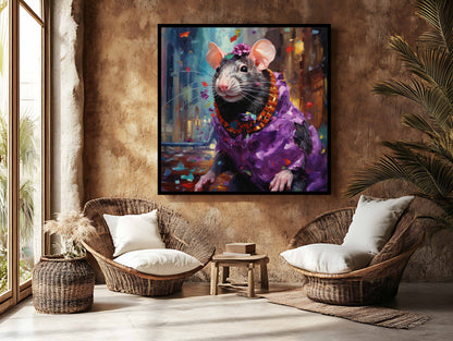 The Royal Reveler: Whimsical Rat in Purple Robe Canvas Art