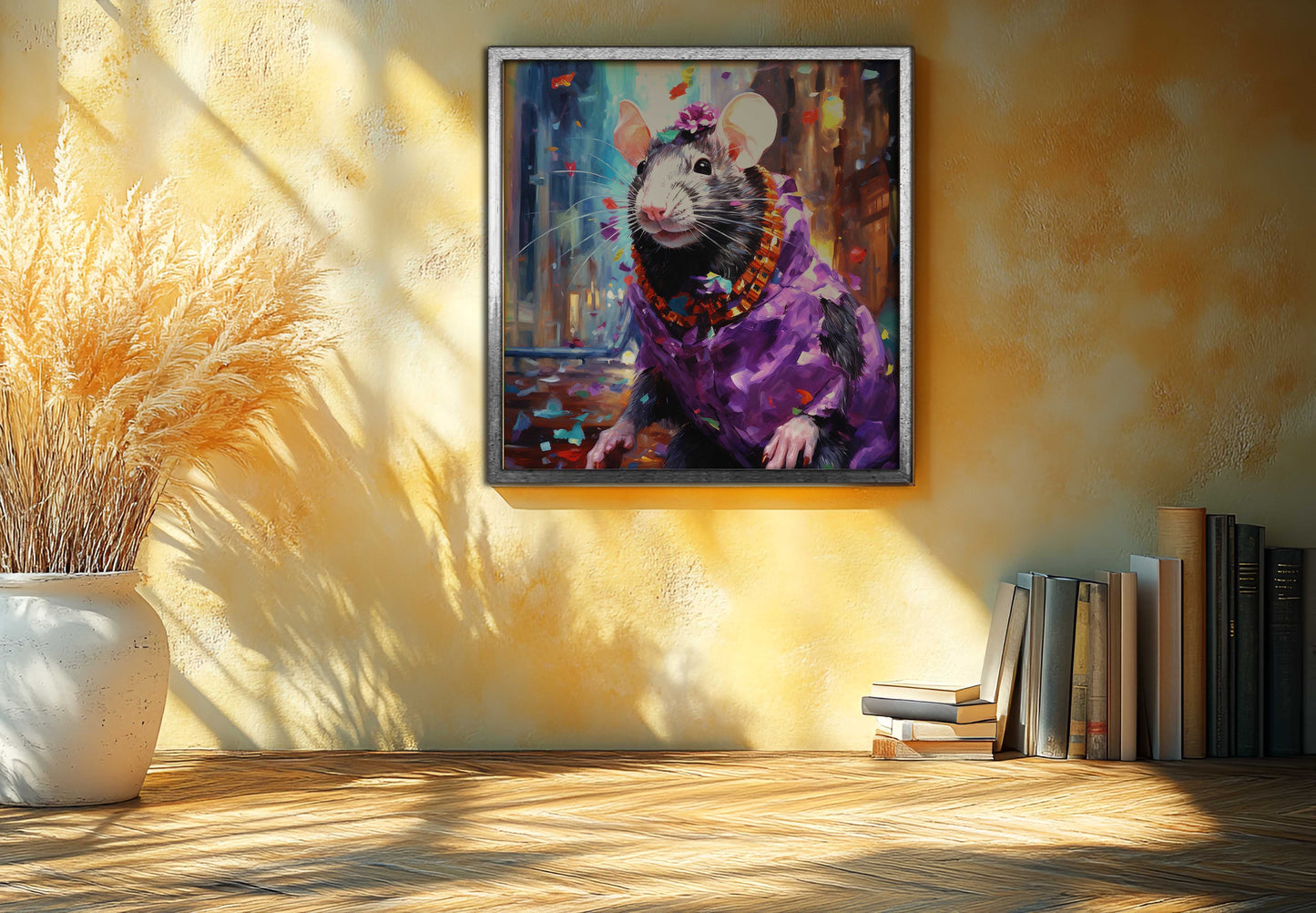 The Royal Reveler: Whimsical Rat in Purple Robe Canvas Art