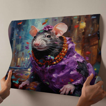 The Royal Reveler: Whimsical Rat in Purple Robe Canvas Art