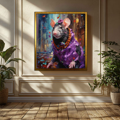 The Royal Reveler: Whimsical Rat in Purple Robe Canvas Art