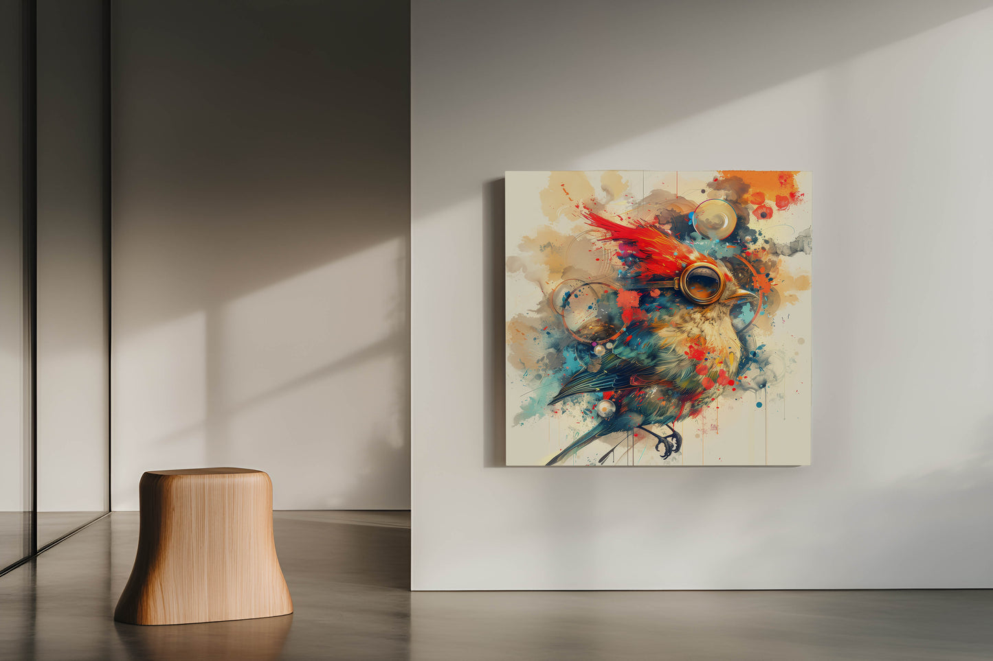 "Whimsical Steampunk Aviator" - Vibrant Abstract Watercolor Bird Canvas Painting