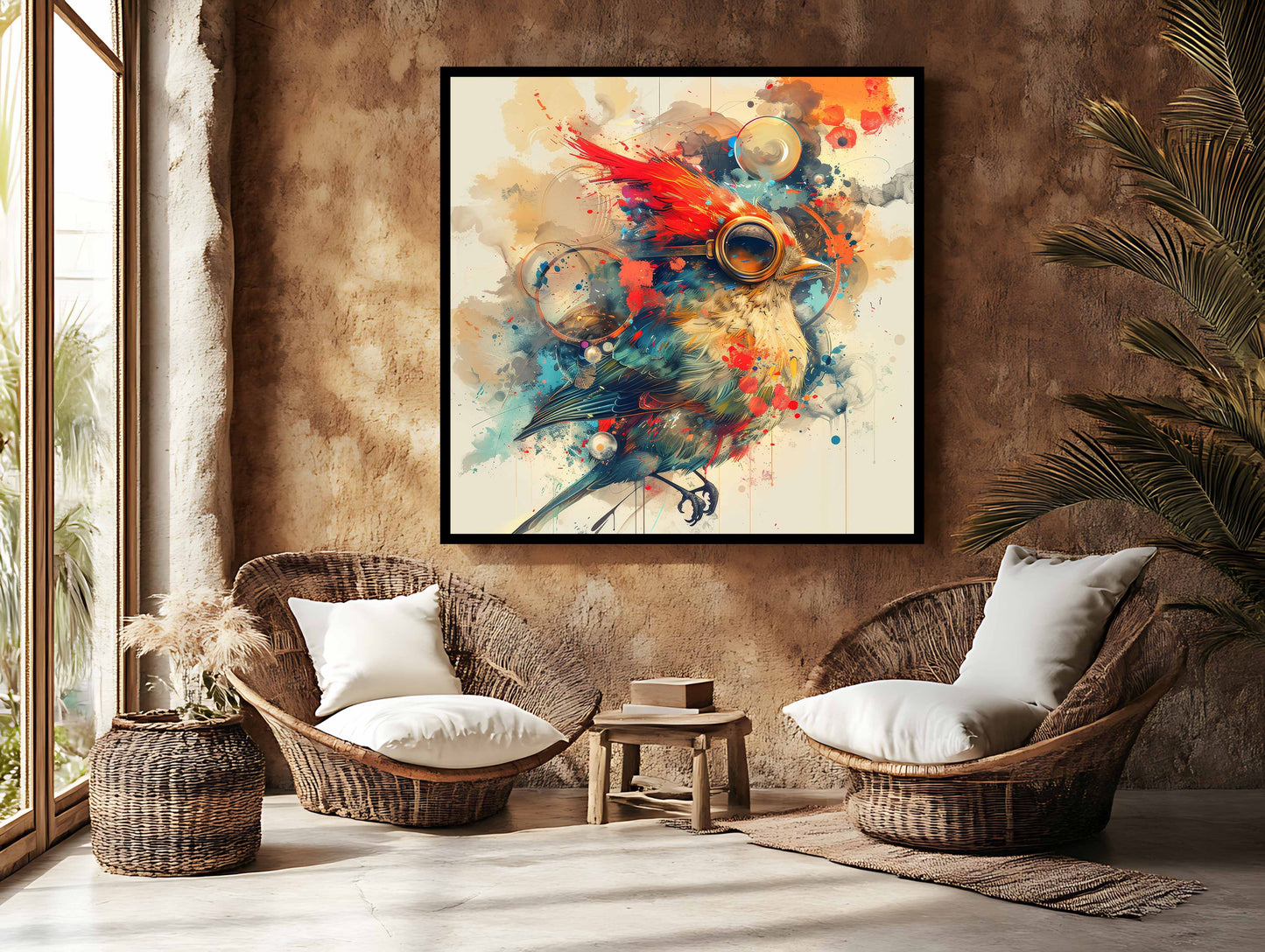 "Whimsical Steampunk Aviator" - Vibrant Abstract Watercolor Bird Canvas Painting