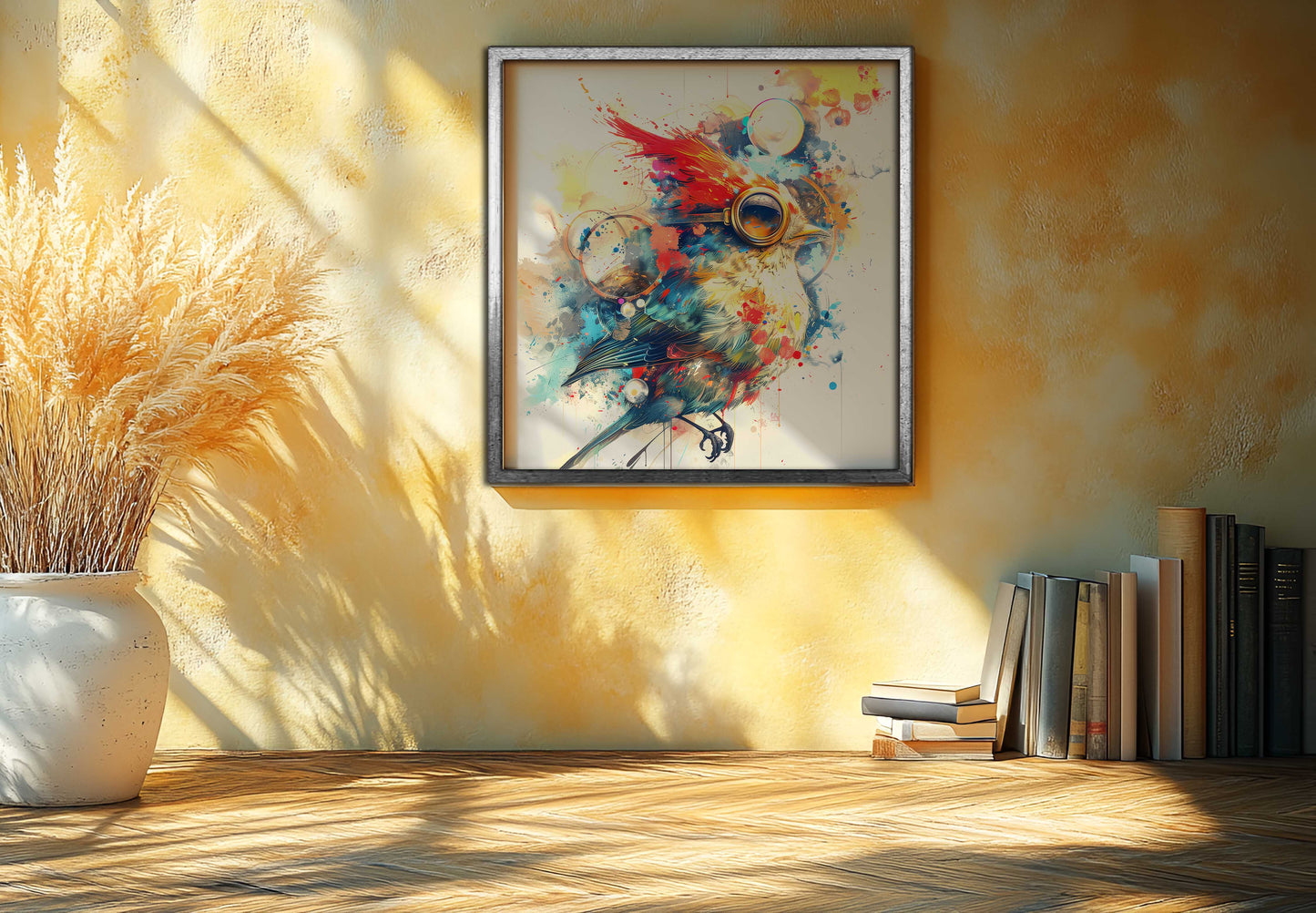"Whimsical Steampunk Aviator" - Vibrant Abstract Watercolor Bird Canvas Painting