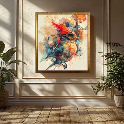 "Whimsical Steampunk Aviator" - Vibrant Abstract Watercolor Bird Canvas Painting