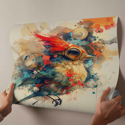 "Whimsical Steampunk Aviator" - Vibrant Abstract Watercolor Bird Canvas Painting