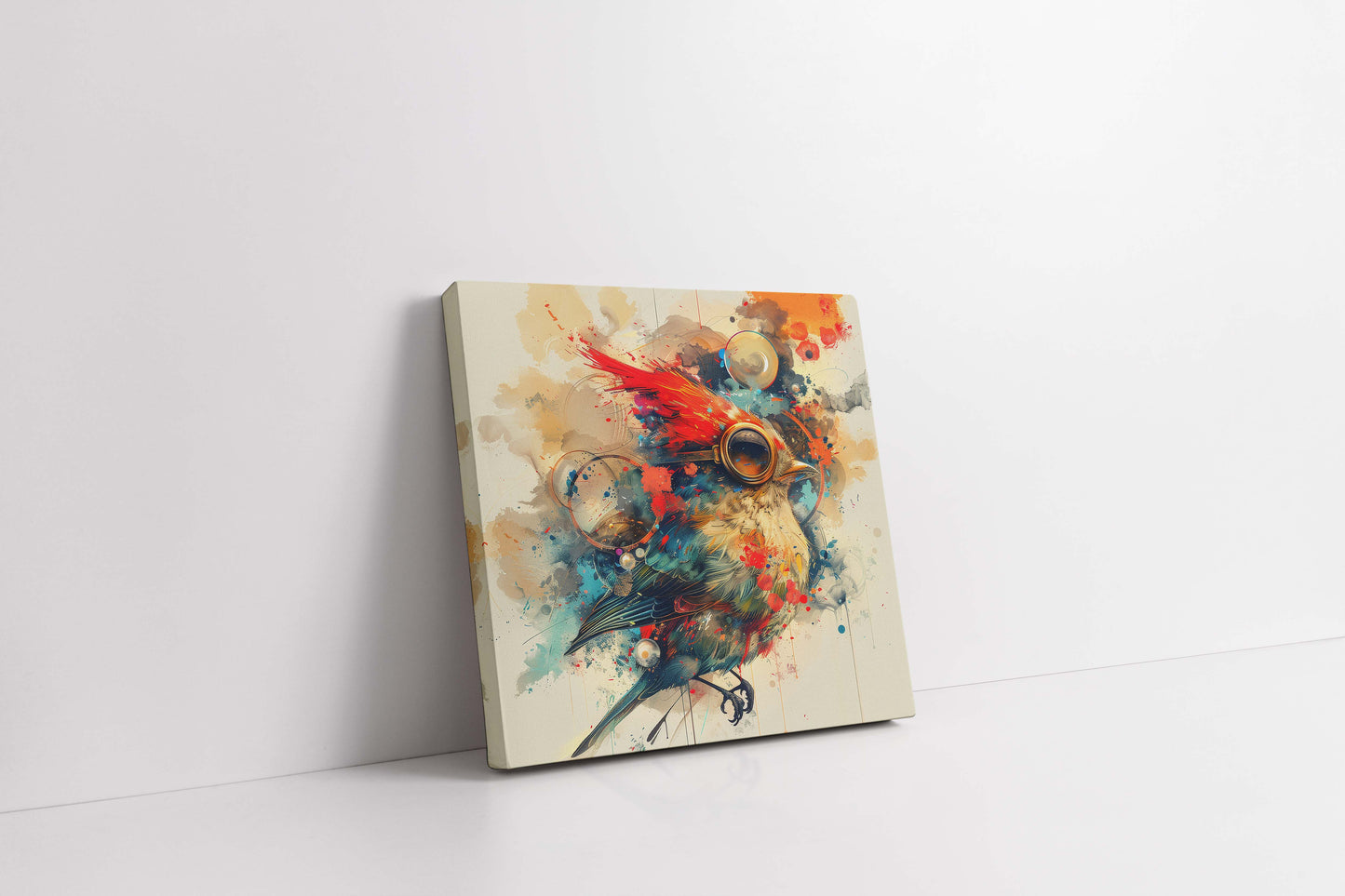 "Whimsical Steampunk Aviator" - Vibrant Abstract Watercolor Bird Canvas Painting