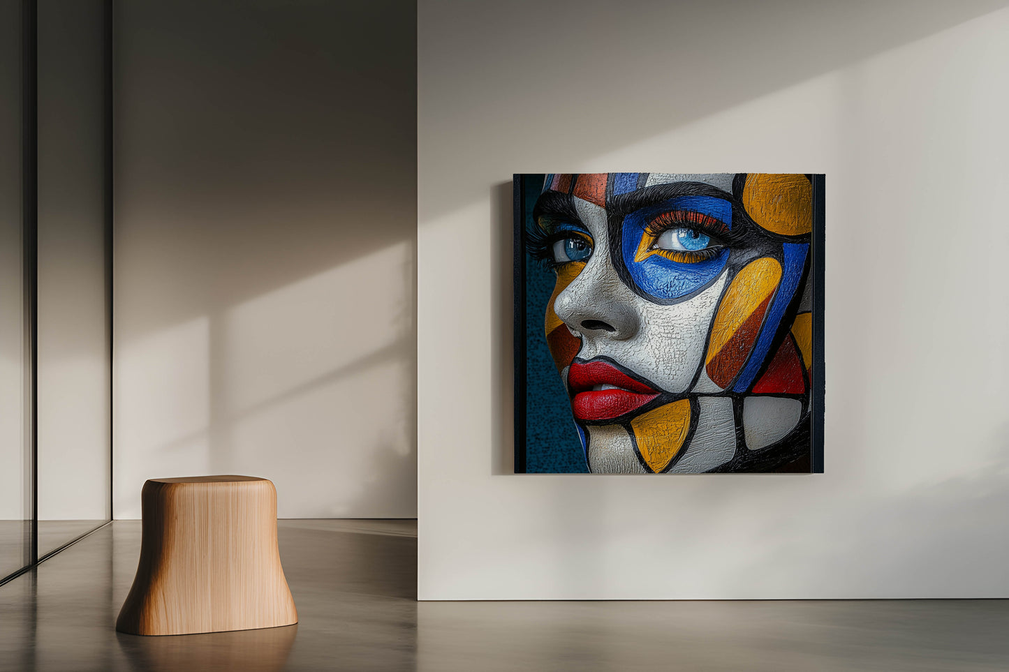 "Fragmented Gaze: Textured Cubist Portrait Canvas Art"