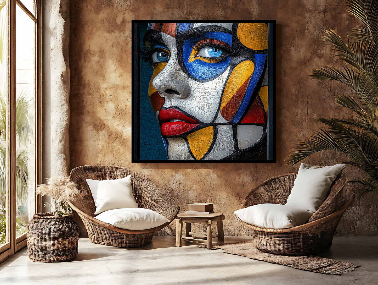 "Fragmented Gaze: Textured Cubist Portrait Canvas Art"