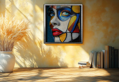 "Fragmented Gaze: Textured Cubist Portrait Canvas Art"