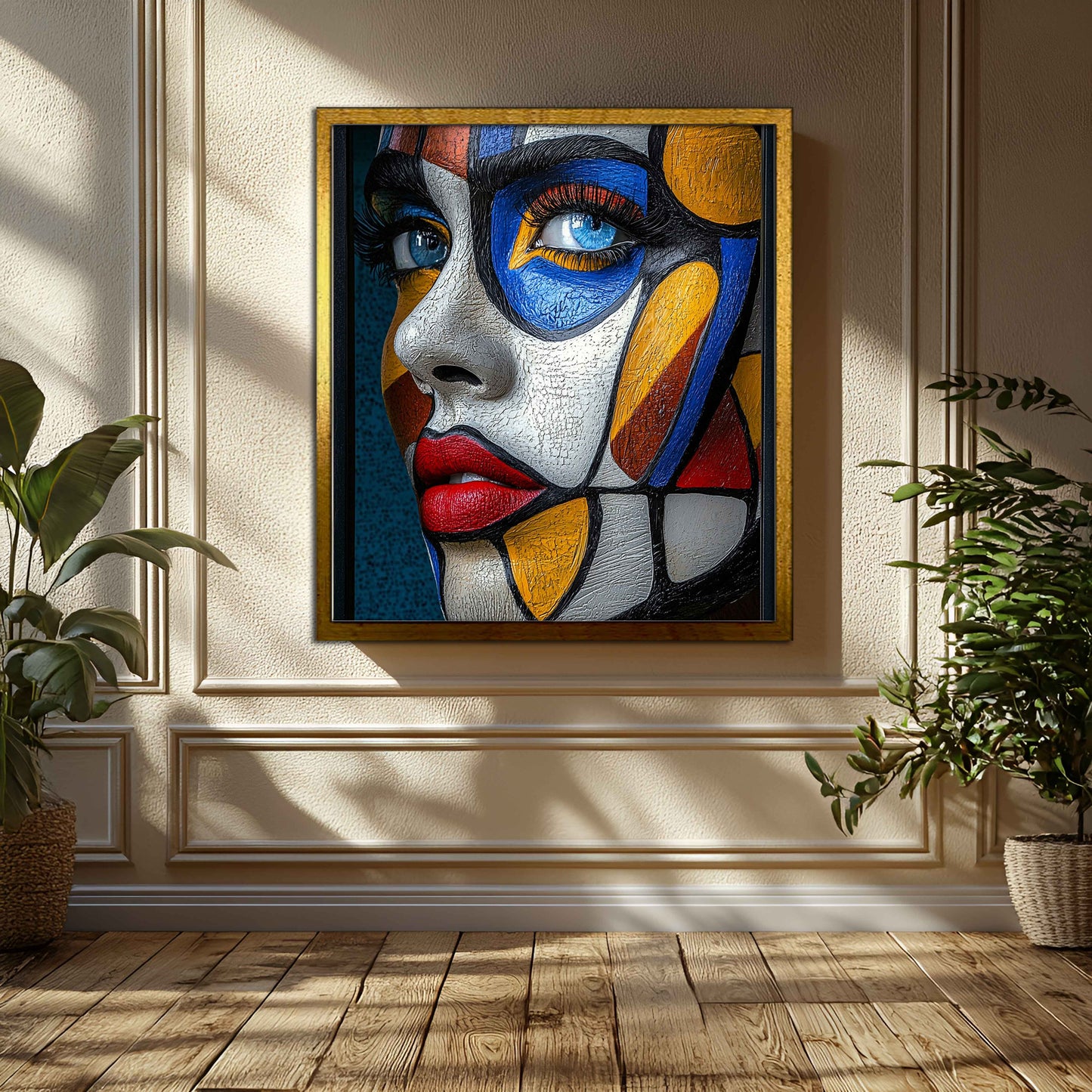 "Fragmented Gaze: Textured Cubist Portrait Canvas Art"