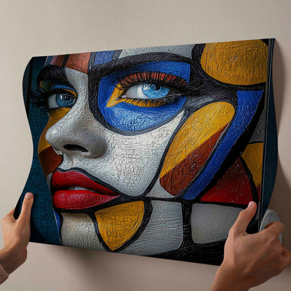 "Fragmented Gaze: Textured Cubist Portrait Canvas Art"