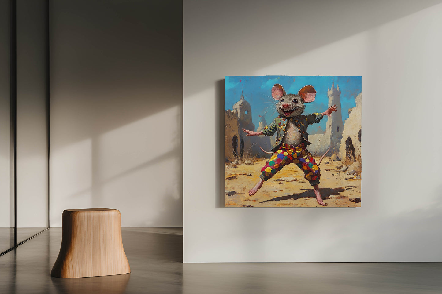 Joyful Mouse Jester in Desert Ruins - Whimsical Canvas Painting