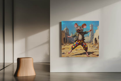 Joyful Mouse Jester in Desert Ruins - Whimsical Canvas Painting