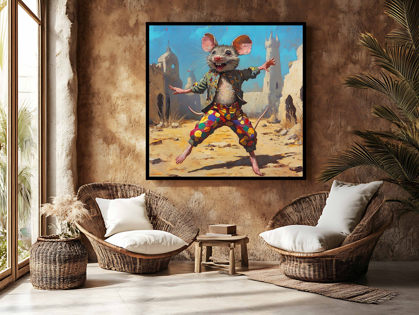 Joyful Mouse Jester in Desert Ruins - Whimsical Canvas Painting
