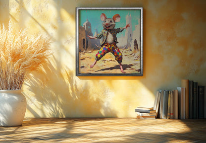 Joyful Mouse Jester in Desert Ruins - Whimsical Canvas Painting
