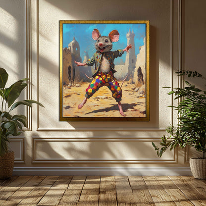 Joyful Mouse Jester in Desert Ruins - Whimsical Canvas Painting