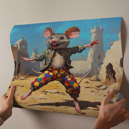 Joyful Mouse Jester in Desert Ruins - Whimsical Canvas Painting