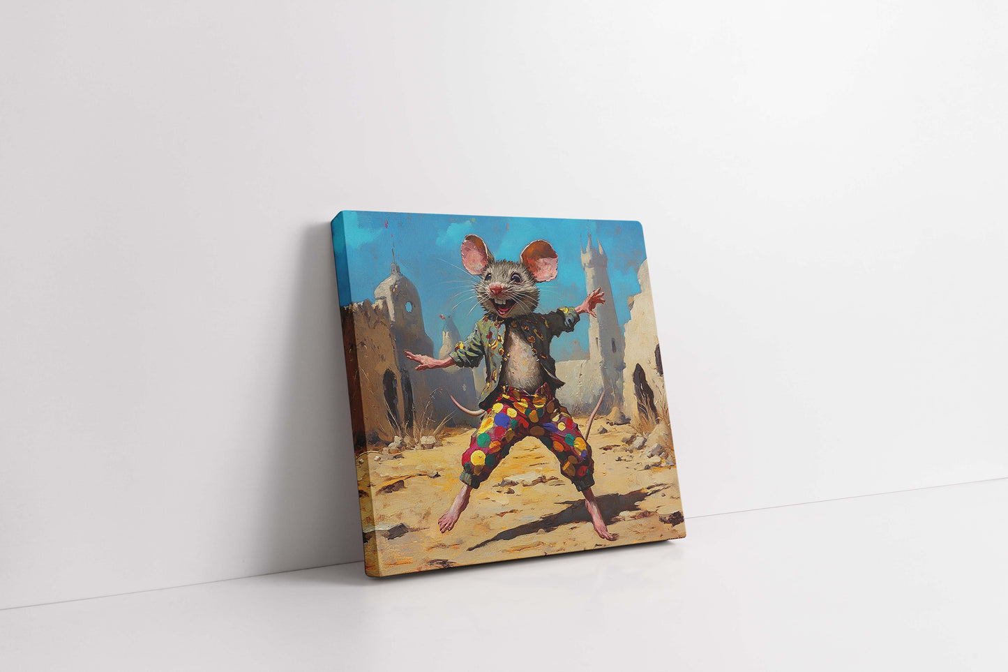 Joyful Mouse Jester in Desert Ruins - Whimsical Canvas Painting