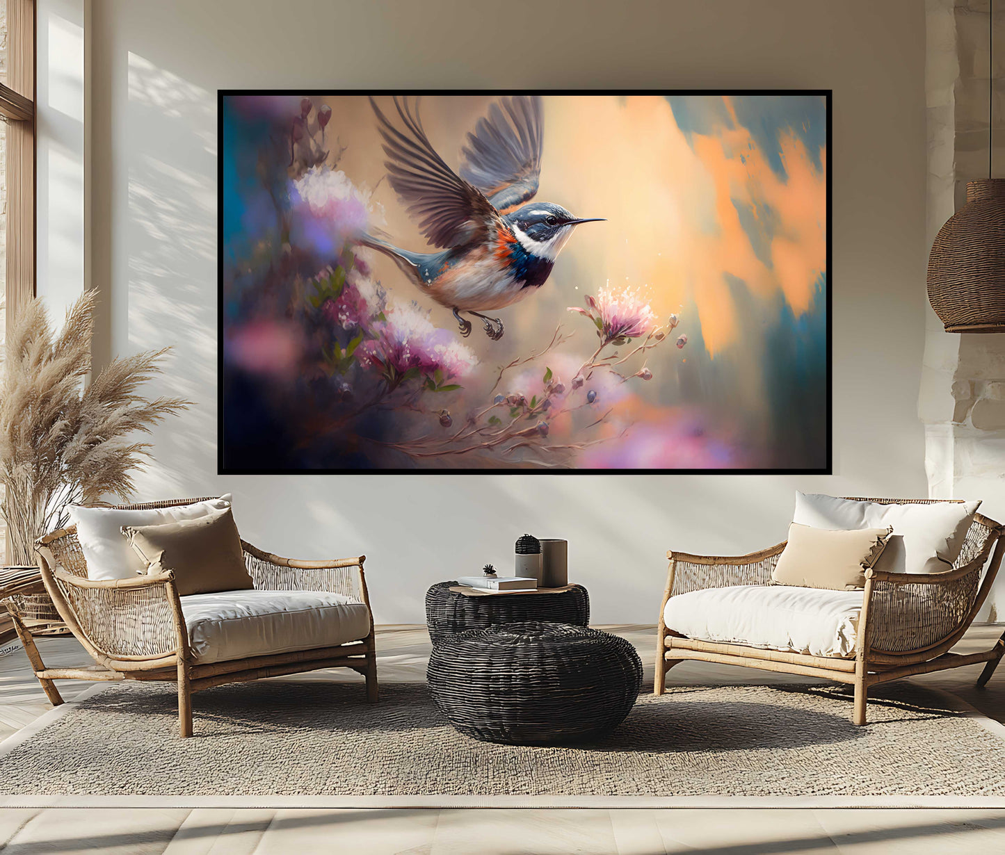 Dreamy Bird in Flight with Blossoms – Canvas Wall Art Print